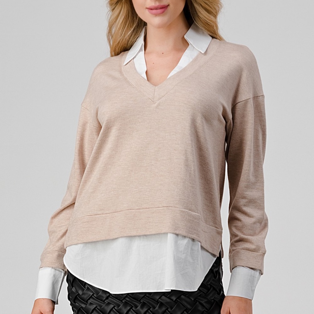 09 V Neck Shirt Contrast Sweater Long Sleeve Top